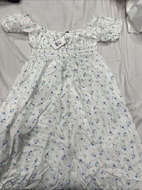 Willow White Off-Shoulder Smocked Long Dress with Light Blue Floral Print